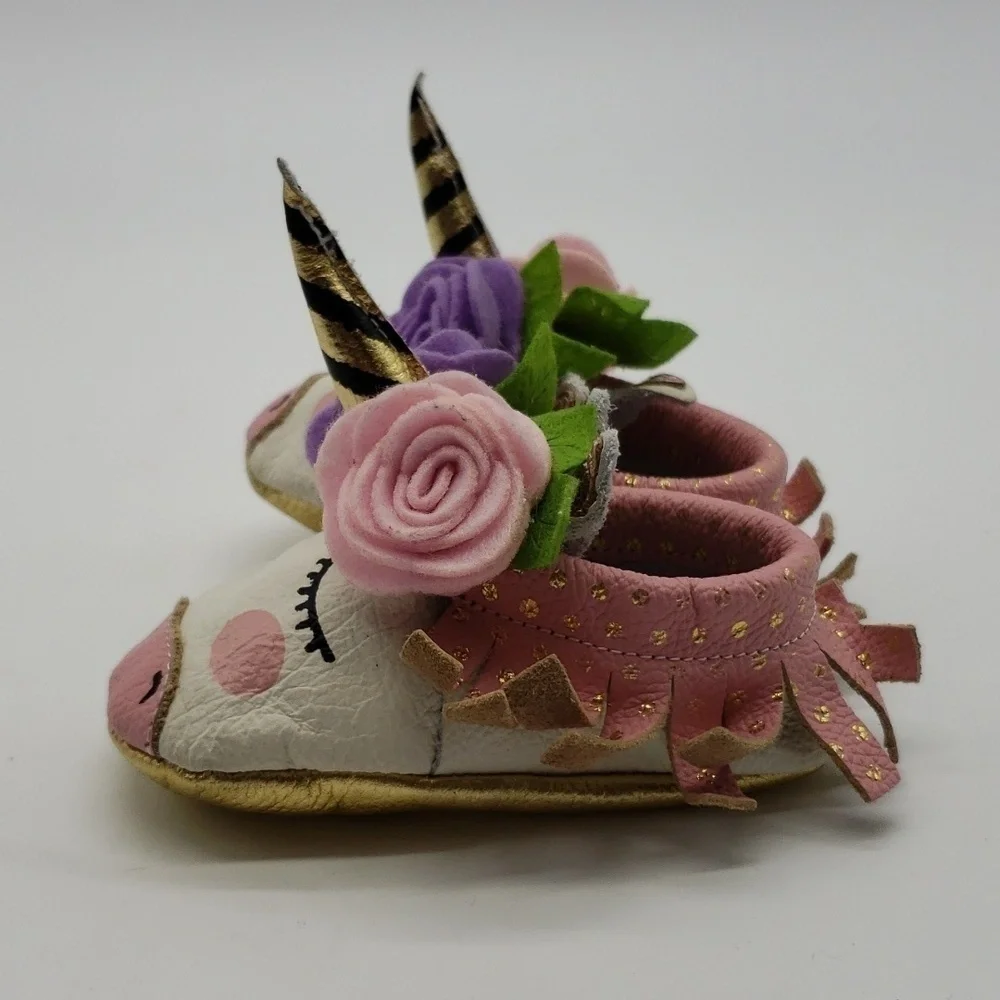 UNICORN baby slippers leather upper leather lining white pink felt flower fringe
